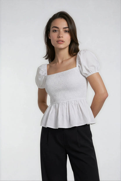Sera Cotton Poplin Puff Sleeve Blouse Top in White - Elegant Peplum Design - Shopthatapp.ca