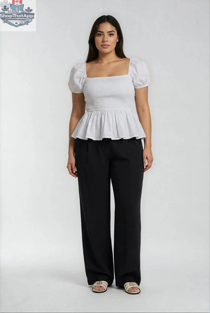 Sera Cotton Poplin Puff Sleeve Blouse Top in White - Elegant Peplum Design - Shopthatapp.ca