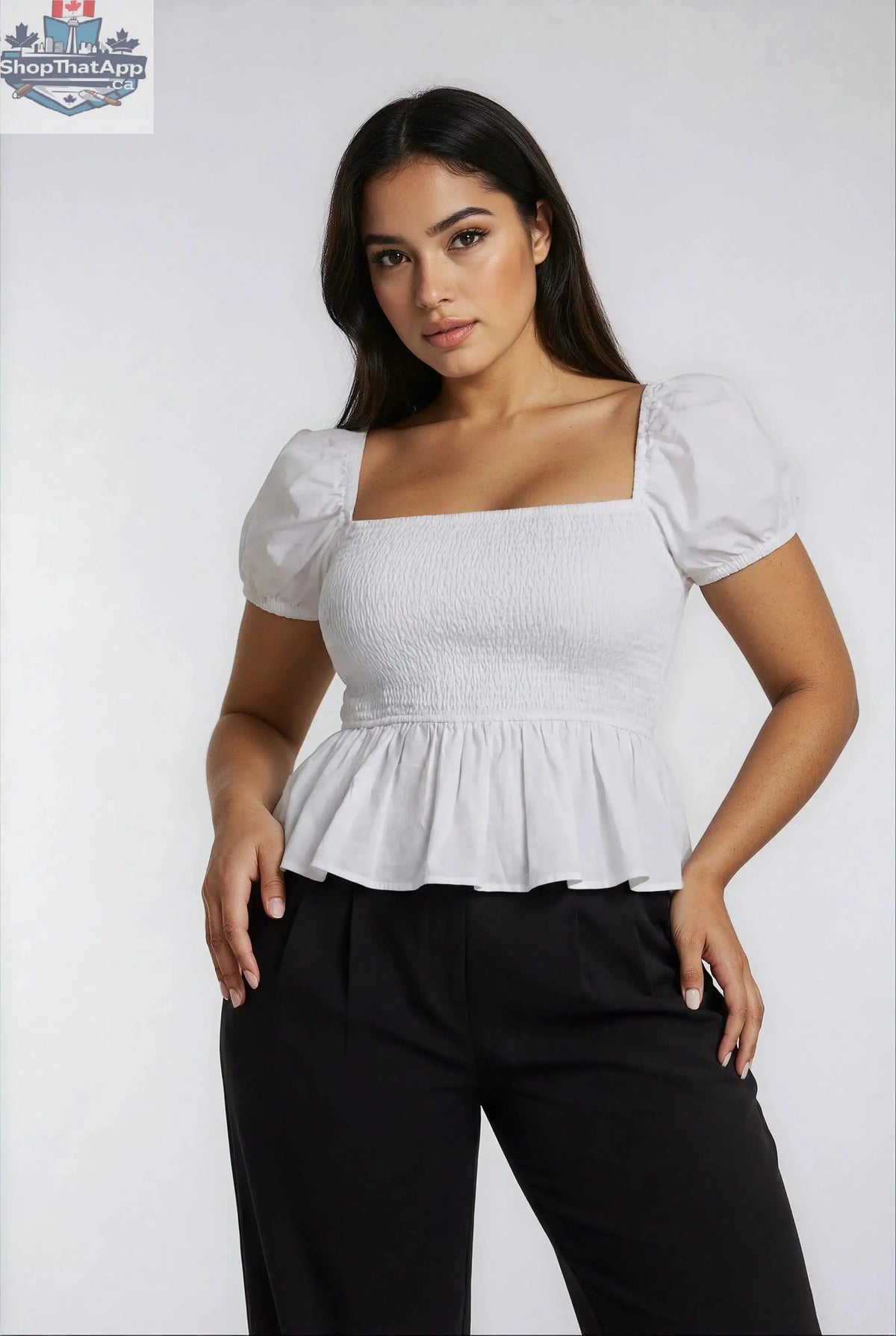 Sera Cotton Poplin Puff Sleeve Blouse Top in White - Elegant Peplum Design - Shopthatapp.ca