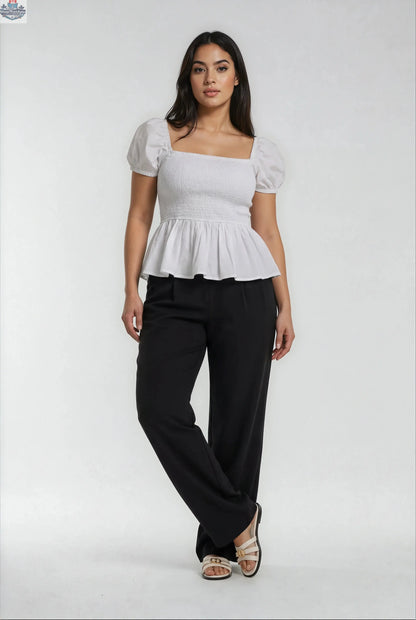 Sera Cotton Poplin Puff Sleeve Blouse Top in White - Elegant Peplum Design - Shopthatapp.ca