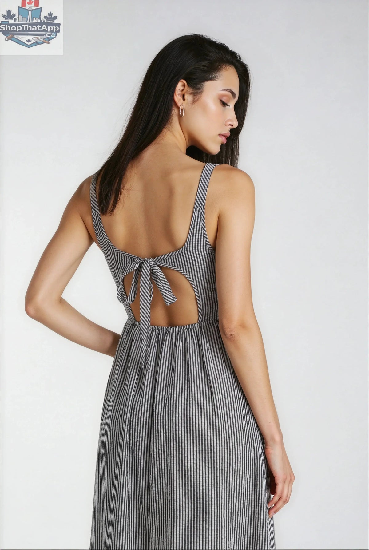 Jules - Lightweight Tie Back Midi Dress In Black Stripe - Shopthatapp.ca