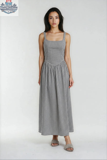 Jules - Lightweight Tie Back Midi Dress In Black Stripe - Shopthatapp.ca