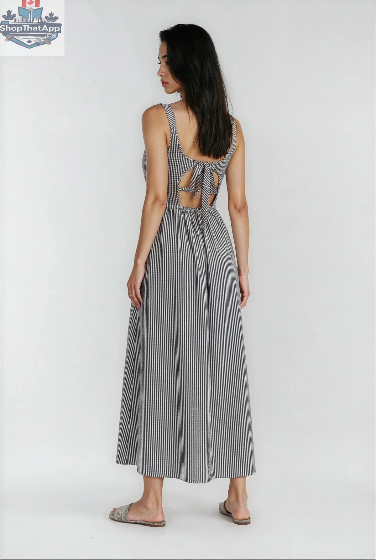 Jules - Lightweight Tie Back Midi Dress In Black Stripe - Shopthatapp.ca