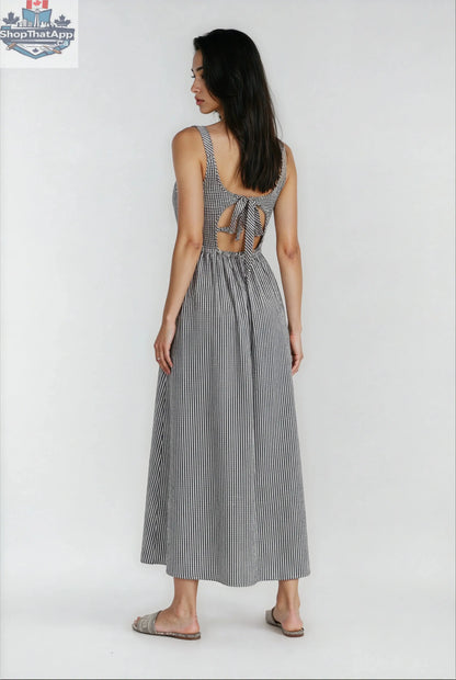 Jules - Lightweight Tie Back Midi Dress In Black Stripe - Shopthatapp.ca