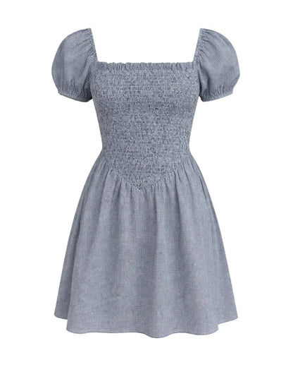 Ramona Smocked Puff Sleeve Dress in Black Gingham - Stylish Square Neck Design - Shopthatapp.ca