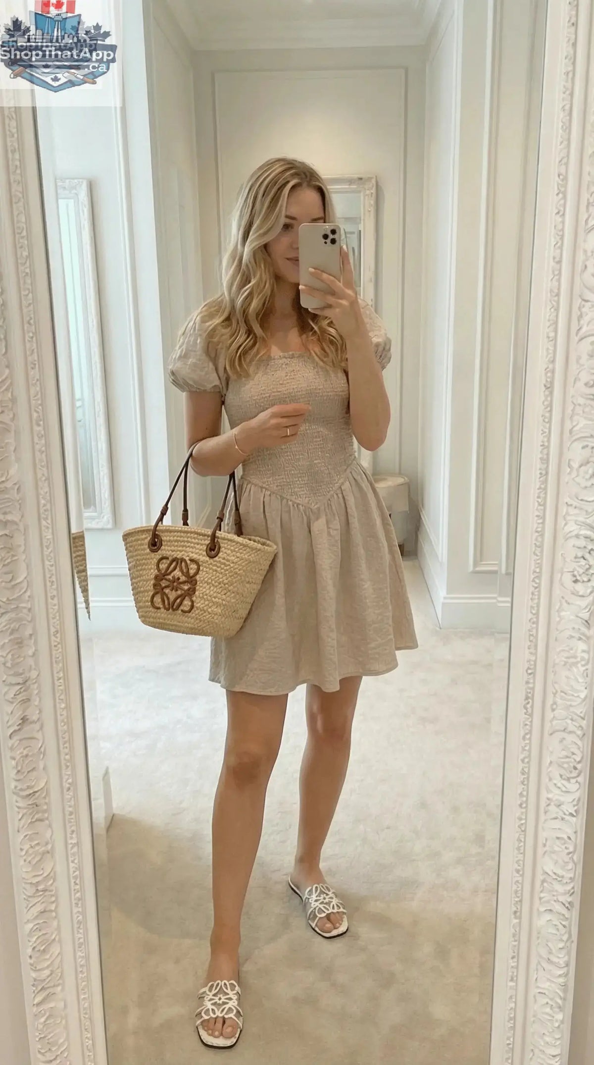 Ramona Smocked Puff Sleeve Dress in Tan Gingham - Shopthatapp.ca