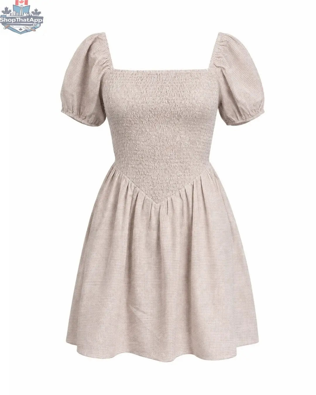 Ramona Smocked Puff Sleeve Dress in Tan Gingham - Shopthatapp.ca