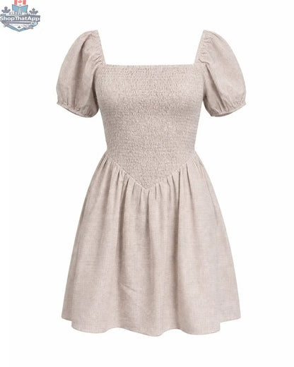 Ramona Smocked Puff Sleeve Dress in Tan Gingham - Shopthatapp.ca