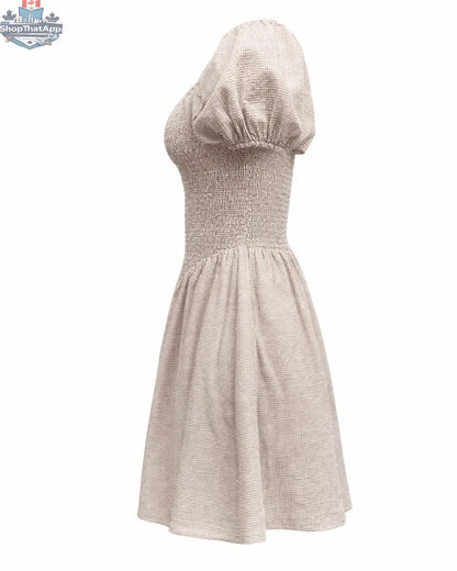 Ramona Smocked Puff Sleeve Dress in Tan Gingham - Shopthatapp.ca