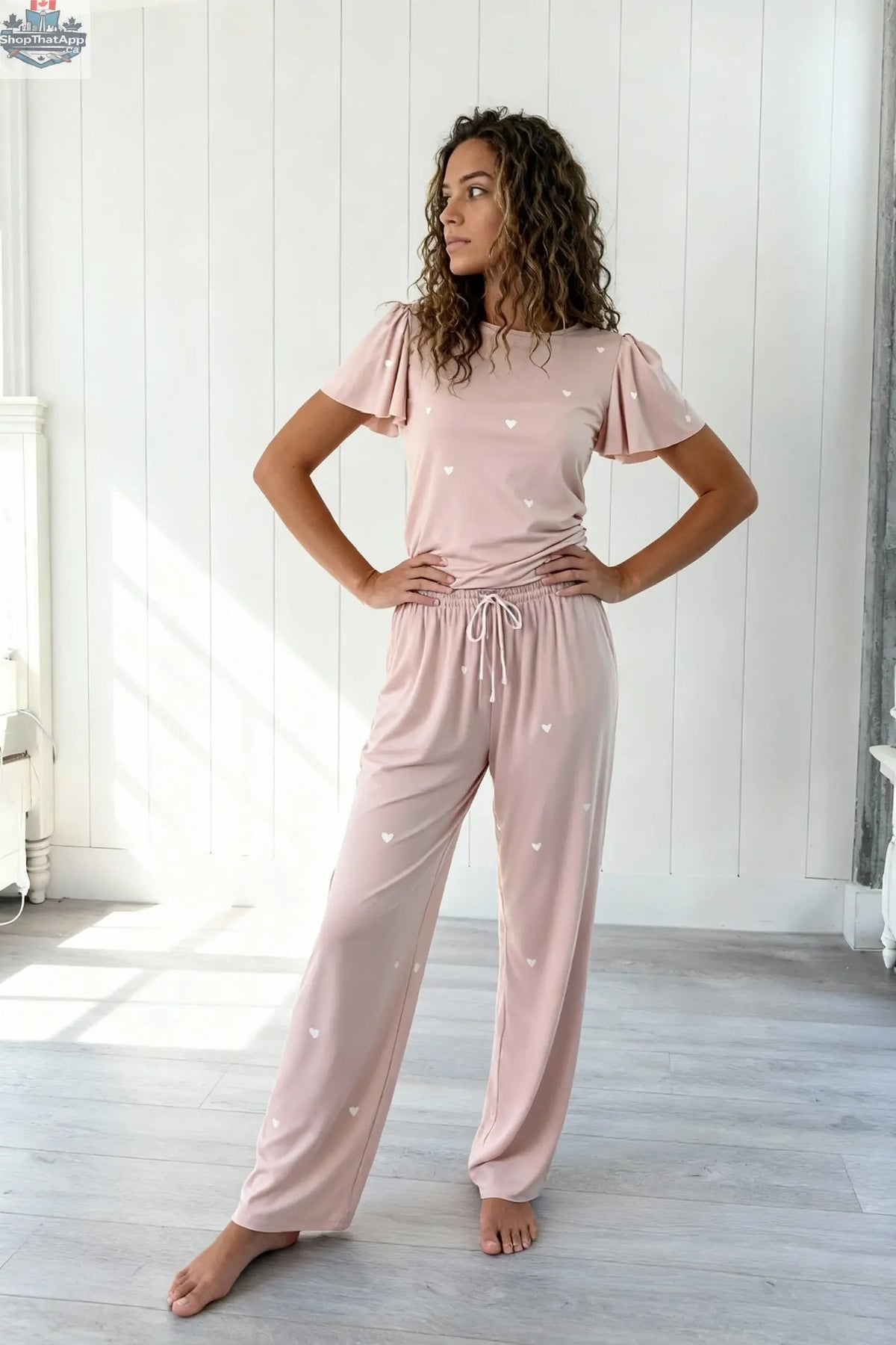 Heartfull PJ Blush Heart Pajamas - Silky Printed 2PC Pajama Set in Blush Hearts - Shopthatapp.ca