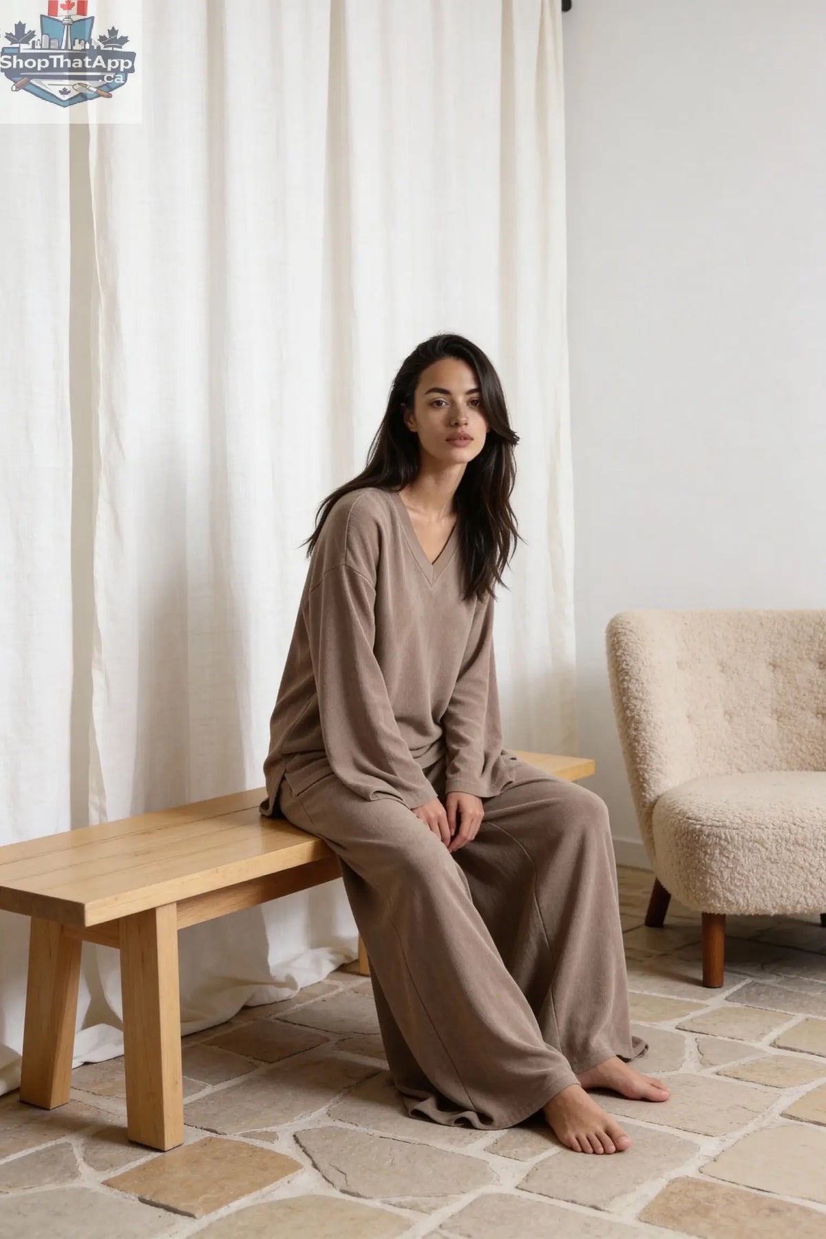 Terry & Co. Relaxed French Terry Lounge Set for Women 2PC in Latte - Shopthatapp.ca