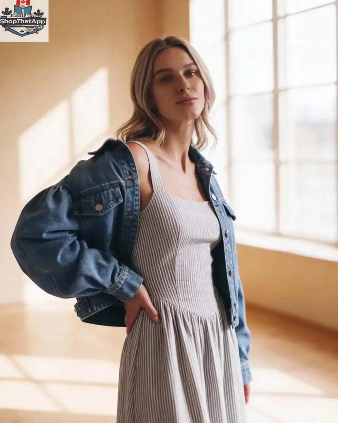 Roxanne Women's Cropped Denim Jacket with Pleated Sleeves - Shopthatapp.ca