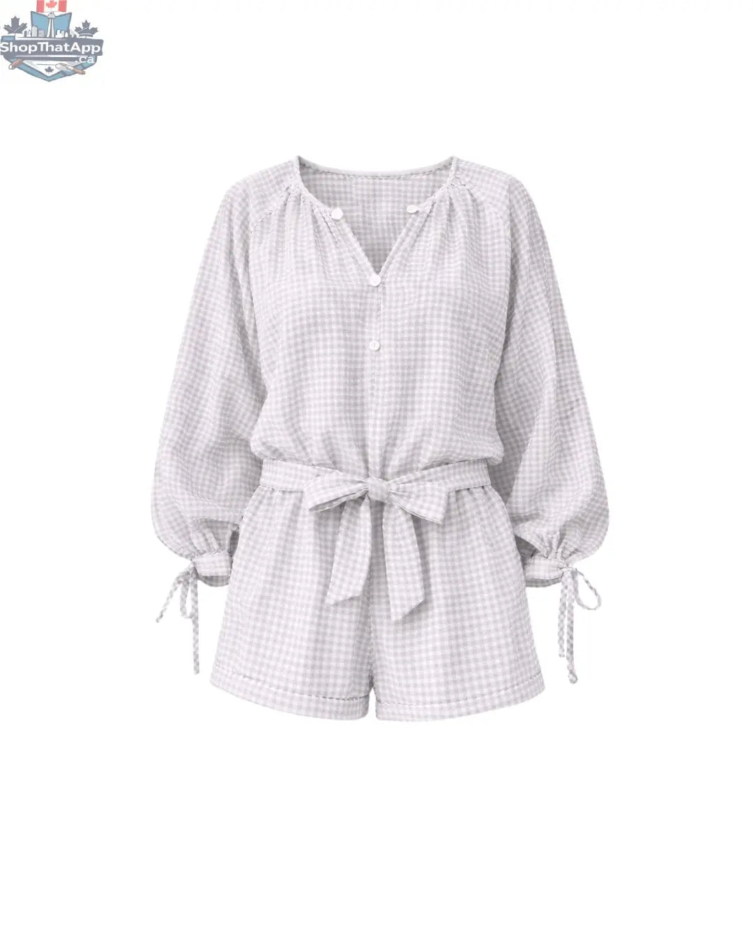 Tawny Blue Gingham Romper - Long Sleeve Button Front Belted Design - Shopthatapp.ca