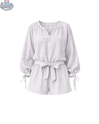 Tawny Blue Gingham Romper - Long Sleeve Button Front Belted Design - Shopthatapp.ca