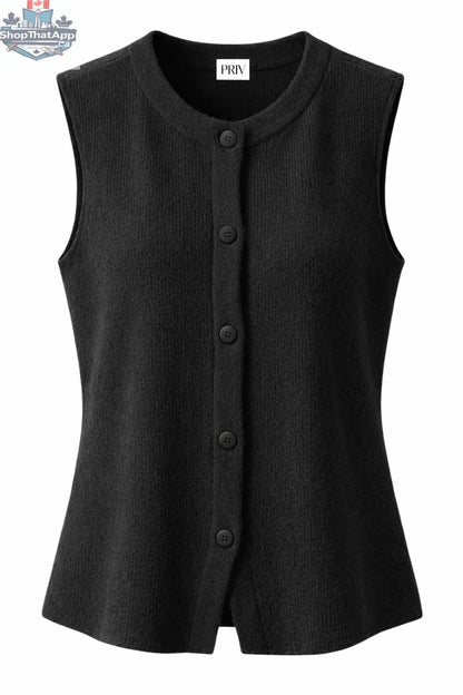 Bezla Black Sleeveless Knit Vest Top - Button Front Design - Shopthatapp.ca