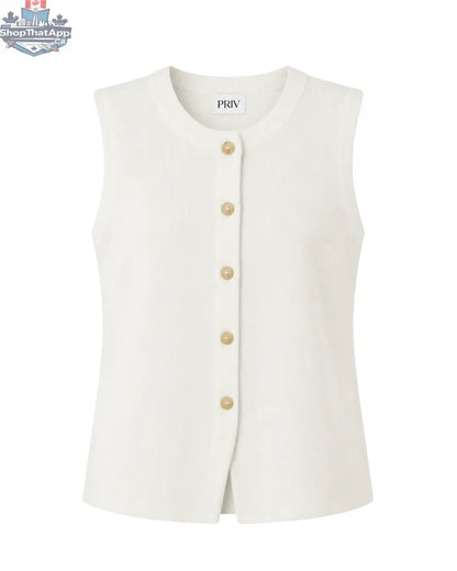 Bezla Ivory Knit Vest Top - Button Front Sleeveless Style - Shopthatapp.ca