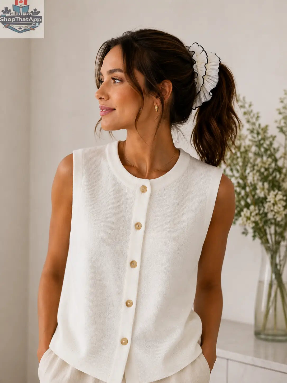 Bezla Ivory Knit Vest Top - Button Front Sleeveless Style - Shopthatapp.ca