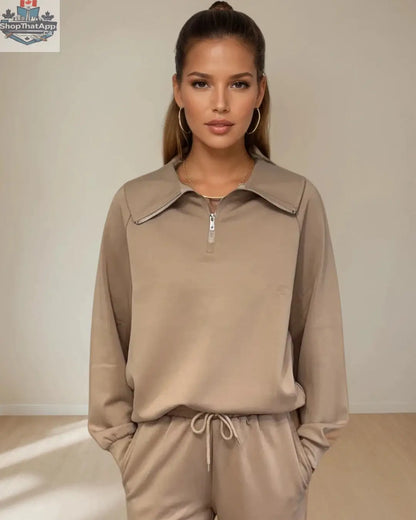 Maeve Luxeflow Relaxed Zip Top in Mocha Mousse - Comfortable 3/4 Sleeve Style - Shopthatapp.ca
