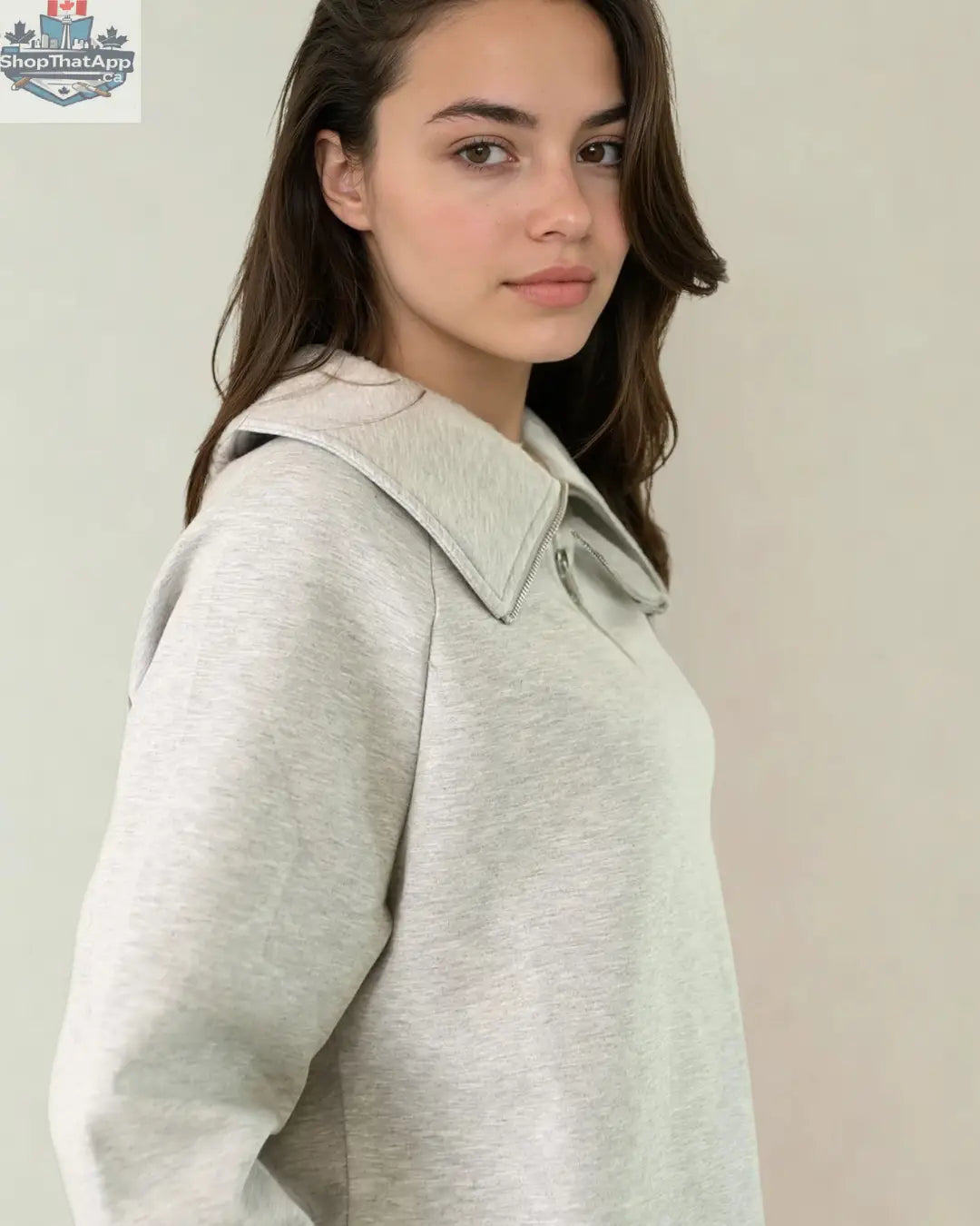 Maeve Luxeflow Zip Top - Relaxed 3/4 Zip Top In Heather Grey - Shopthatapp.ca