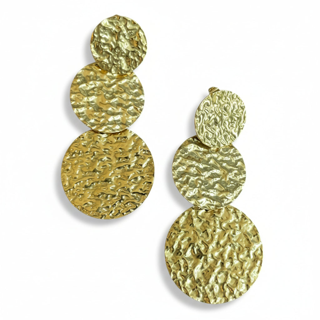 Triple Disc Gold Earrings - Beaten Design in Stainless Steel - Shopthatapp.ca