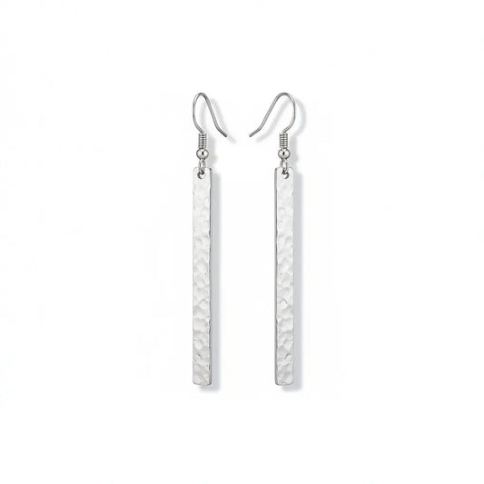 Silver metal bar earrings by Suzie Blue Canada featuring an elegant minimalist design, displayed on a plain background.