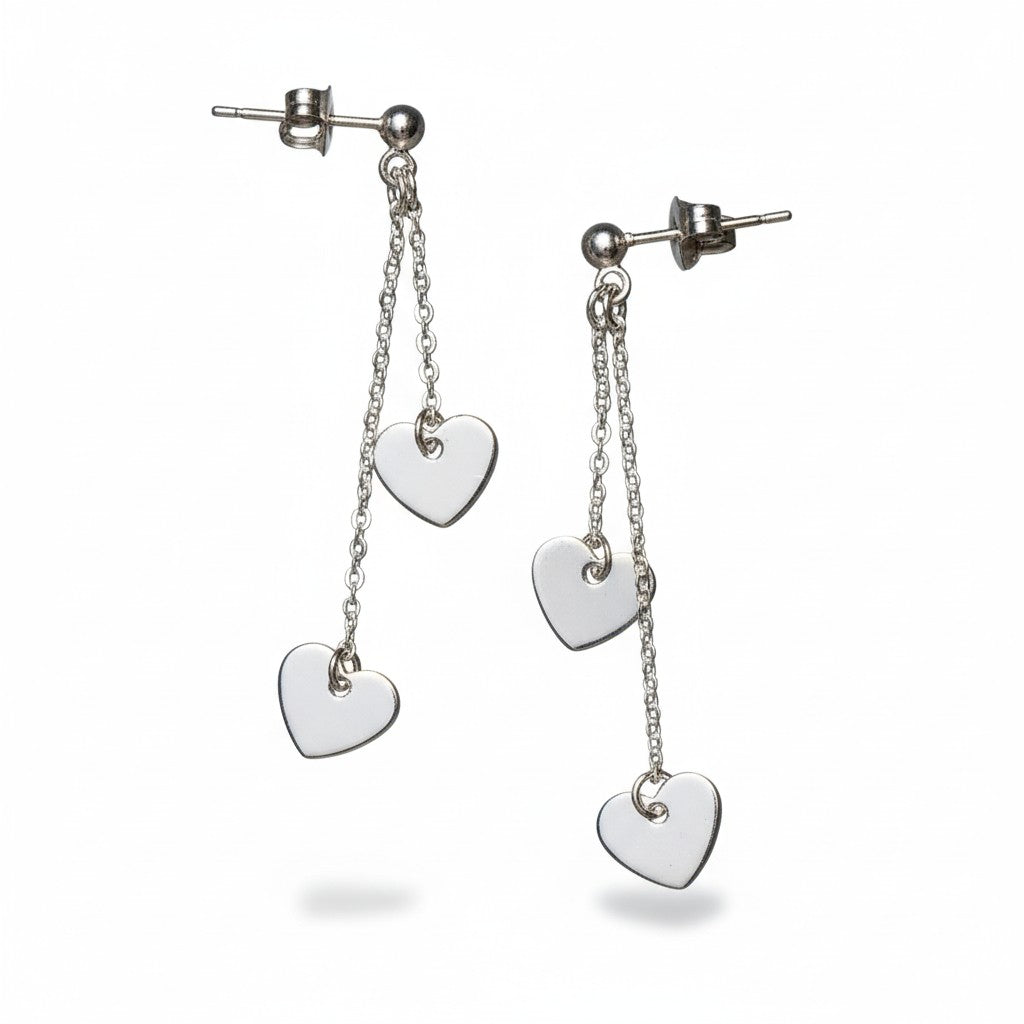 Double Drop Heart Chain Earrings in Silver Plate - SP406H - Shopthatapp.ca