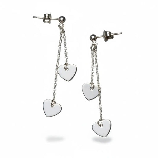 Silver plated double drop heart chain earrings with delicate design, by Suzie Blue Canada.
