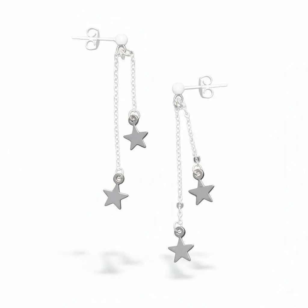 Silver plated double drop star earrings by Suzie Blue Canada, featuring a stylish star design on a silver-toned earring.