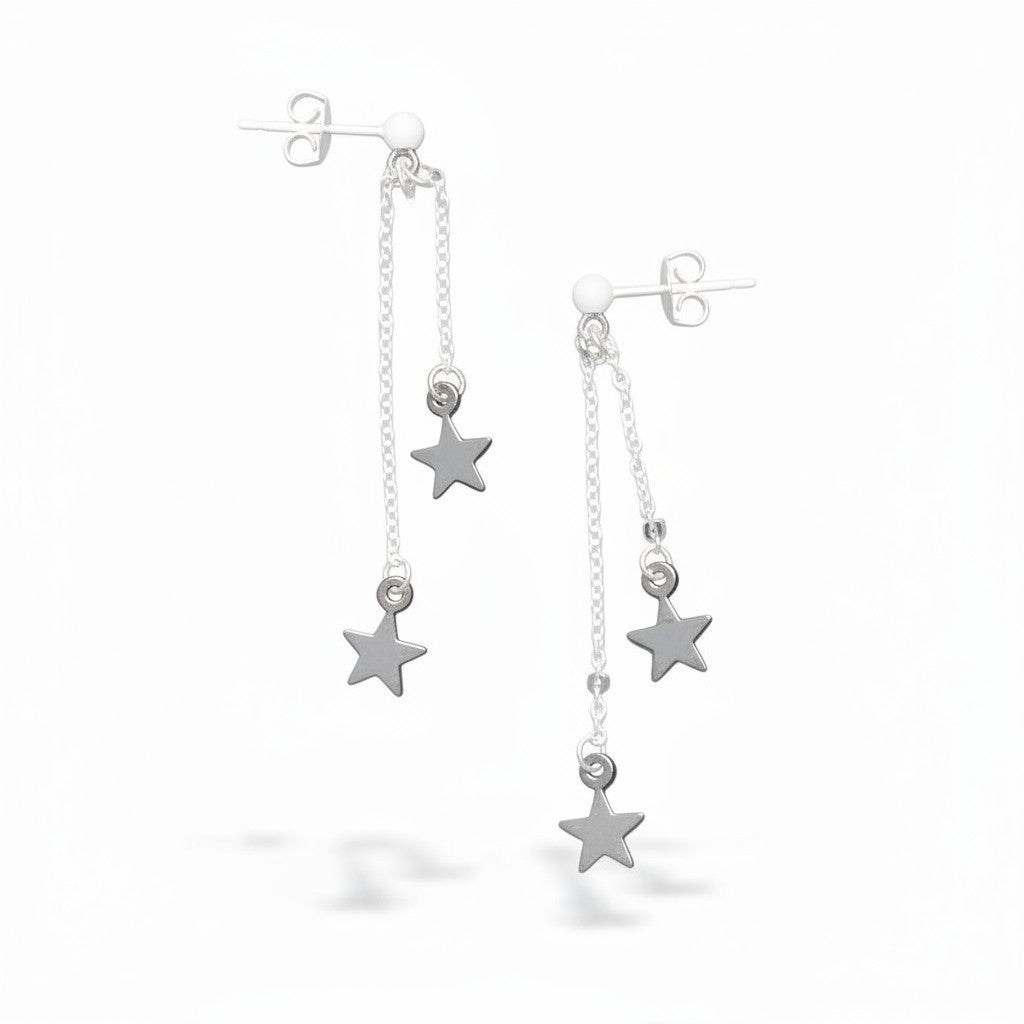 Double Drop Star Earrings in Silver Plate - SP406S - Shopthatapp.ca