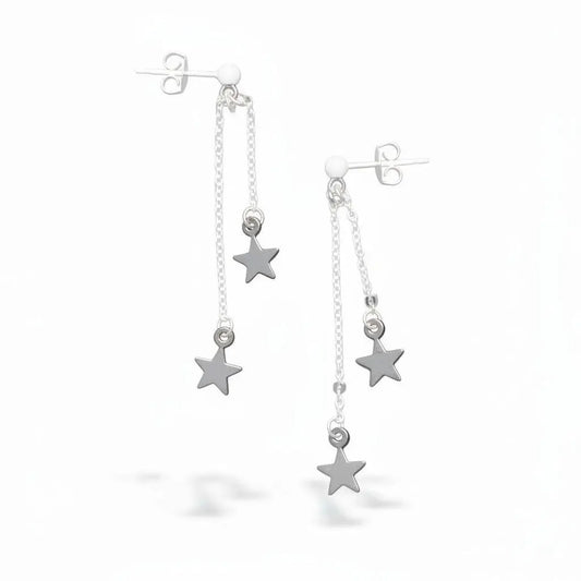 Silver plated double drop star earrings by Suzie Blue Canada, featuring a stylish star design on a silver-toned earring.