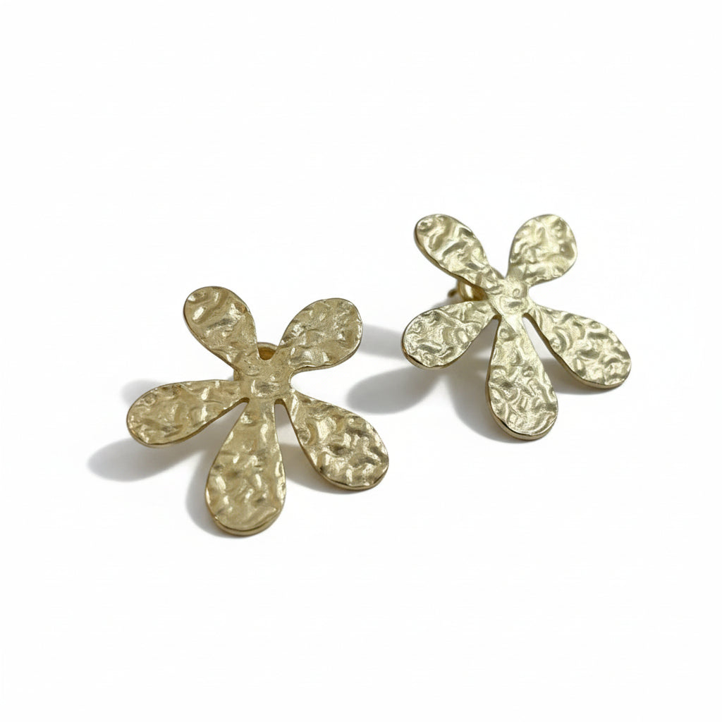 Beaten Metal Flower Earrings in Gold Stainless Steel - Shopthatapp.ca