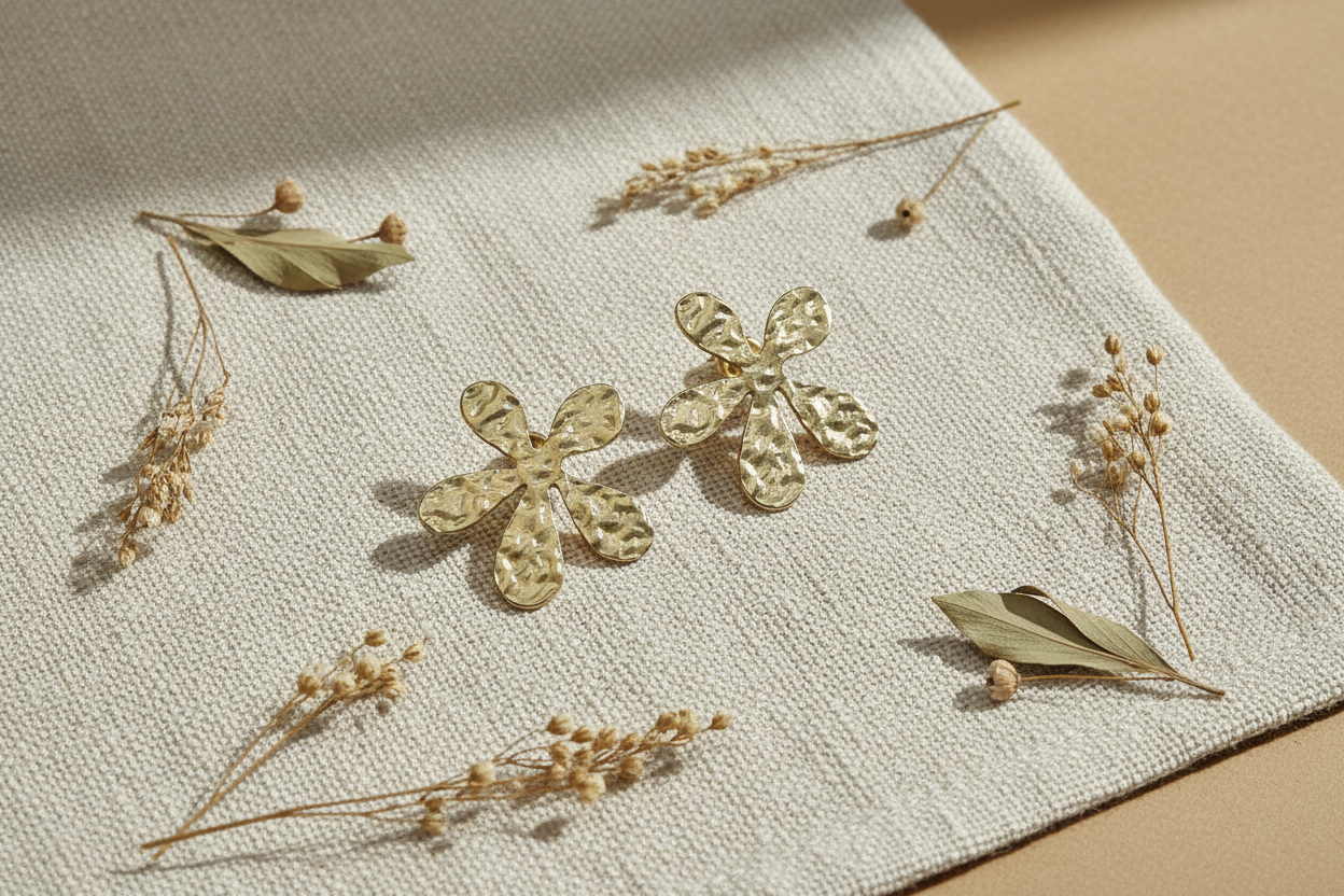 Beaten Metal Flower Earrings in Gold Stainless Steel - Shopthatapp.ca