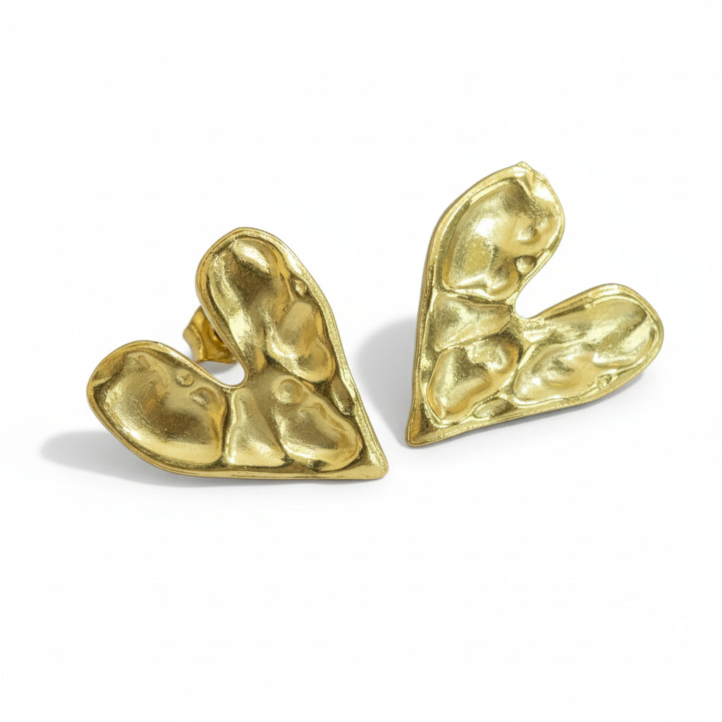 Beaten Metal Heart Stud Earrings - Gold Stainless Steel - Shopthatapp.ca