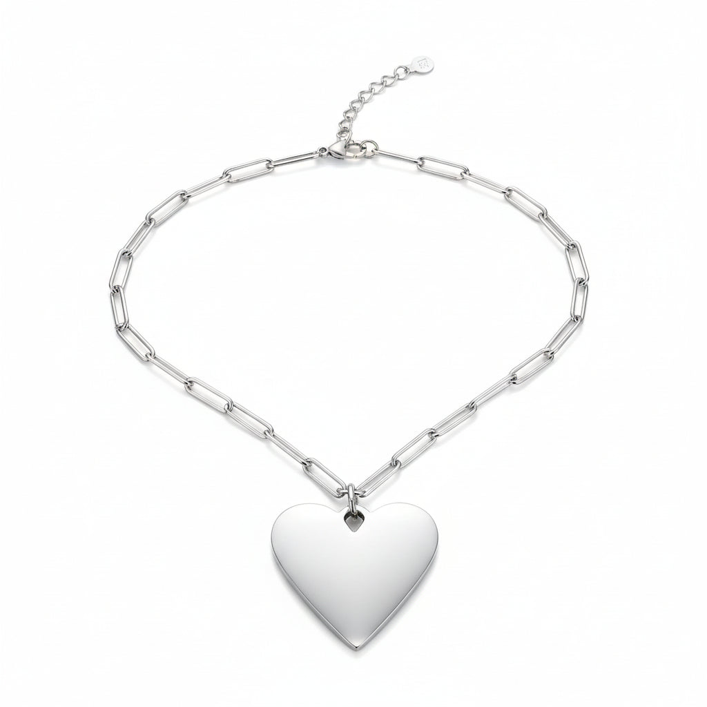 Short Chainlink Heart Necklace in Grey Stainless Steel - Shopthatapp.ca