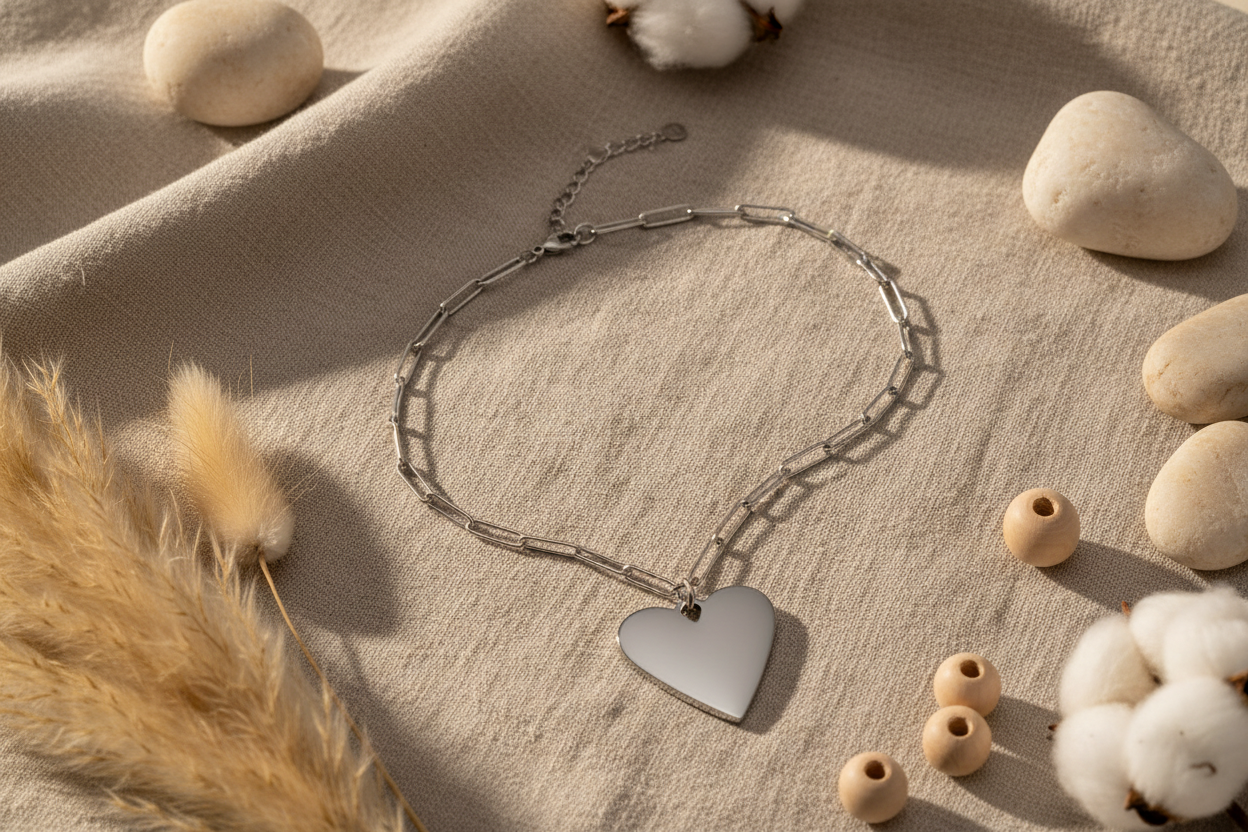 Short Chainlink Heart Necklace in Grey Stainless Steel - Shopthatapp.ca