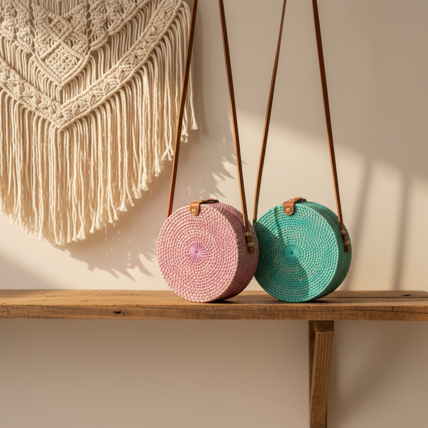 Round Rattan Purse in Pink - Chic Pink Round Rattan Purse for Every Occasion - Shopthatapp.ca