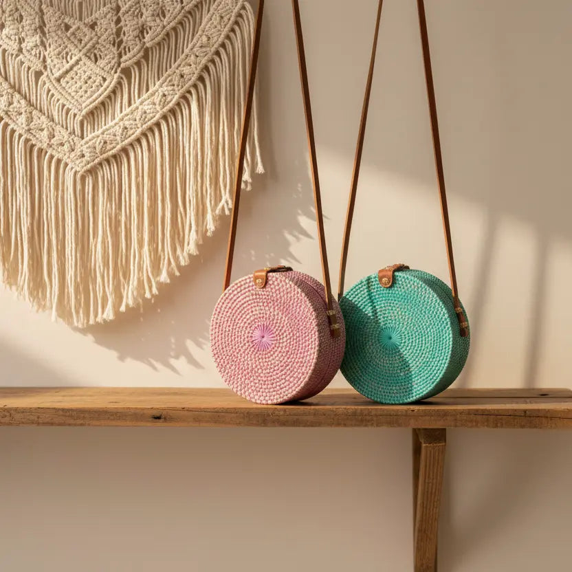 Pink round rattan purse with a chic design, featuring a woven texture and top handle, perfect for stylish occasions.