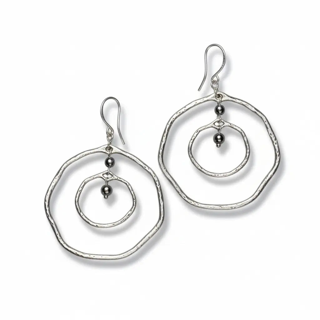 Silver plate Beaten Silver Double Ring Earrings by Suzie Blue Canada, featuring textured, intertwined ring design.
