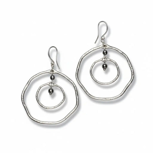 Silver plate Beaten Silver Double Ring Earrings by Suzie Blue Canada, featuring textured, intertwined ring design.