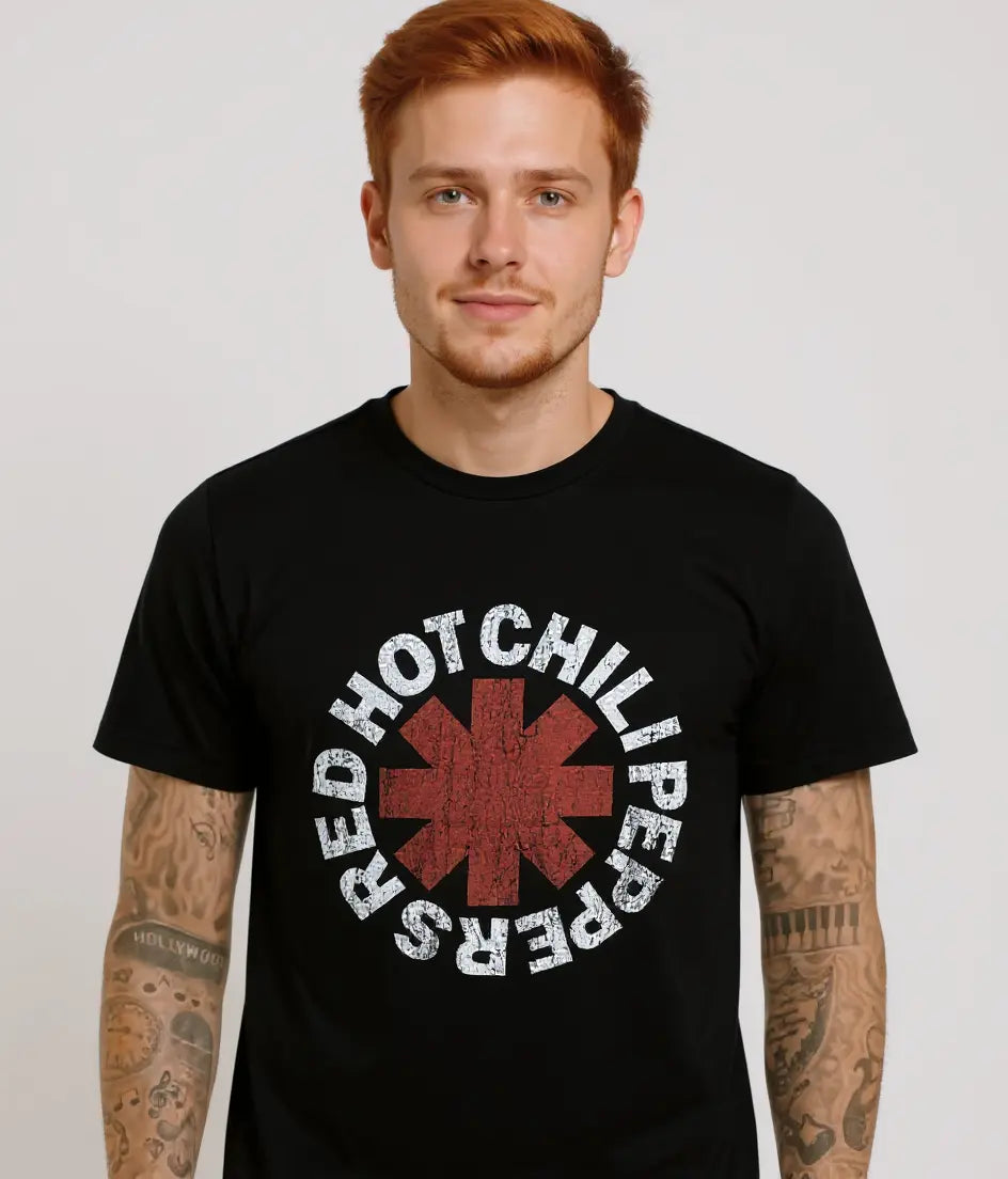 Red Hot Chili Peppers band T-shirt by Little Guitars featuring a distressed asterisk design, casual clothing for fans.