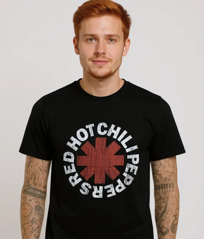 Red Hot Chili Peppers band T-shirt by Little Guitars featuring a distressed asterisk design, casual clothing for fans.
