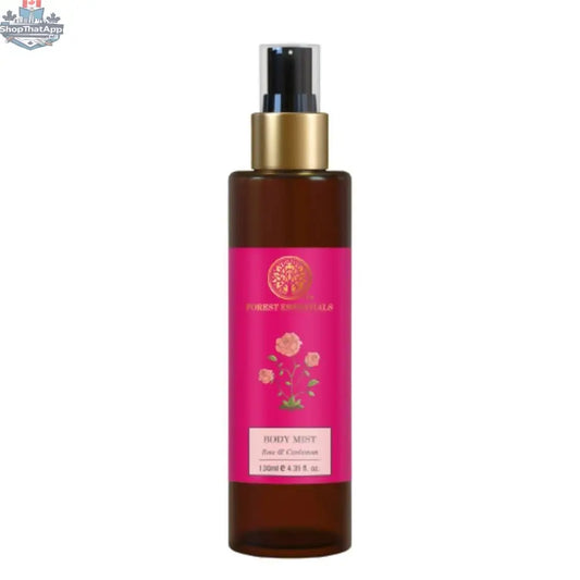 Forest Essentials Rose & Cardamom Body Mist by Prithvi Mart, showcasing a refreshing aromatic spray bottle for personal care.