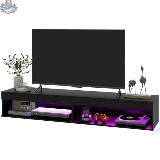 SLOTH Nation Lane black wall-mounted TV stand with built-in storage and integrated LED lights for modern living room decor.