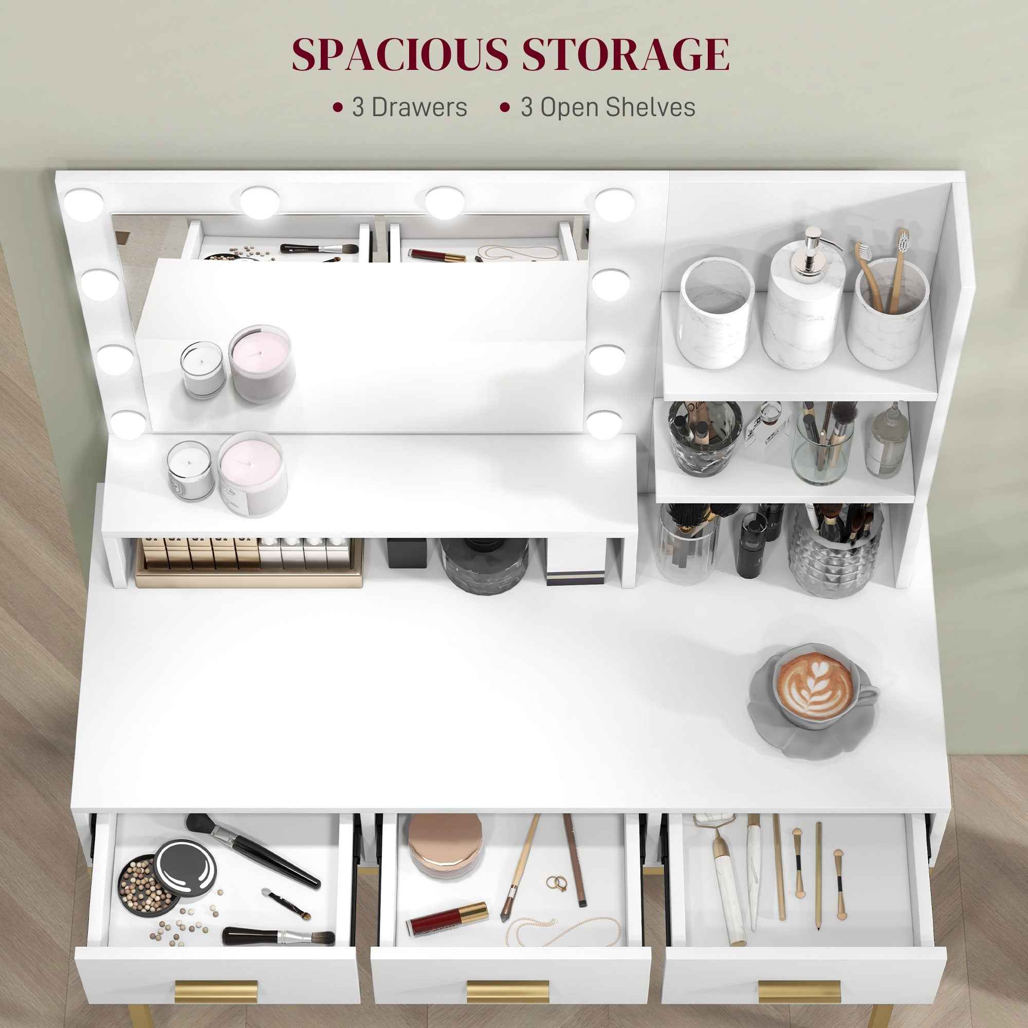 Sophia Illuminated Makeup Table with LED Lights and 3 Drawers-White
