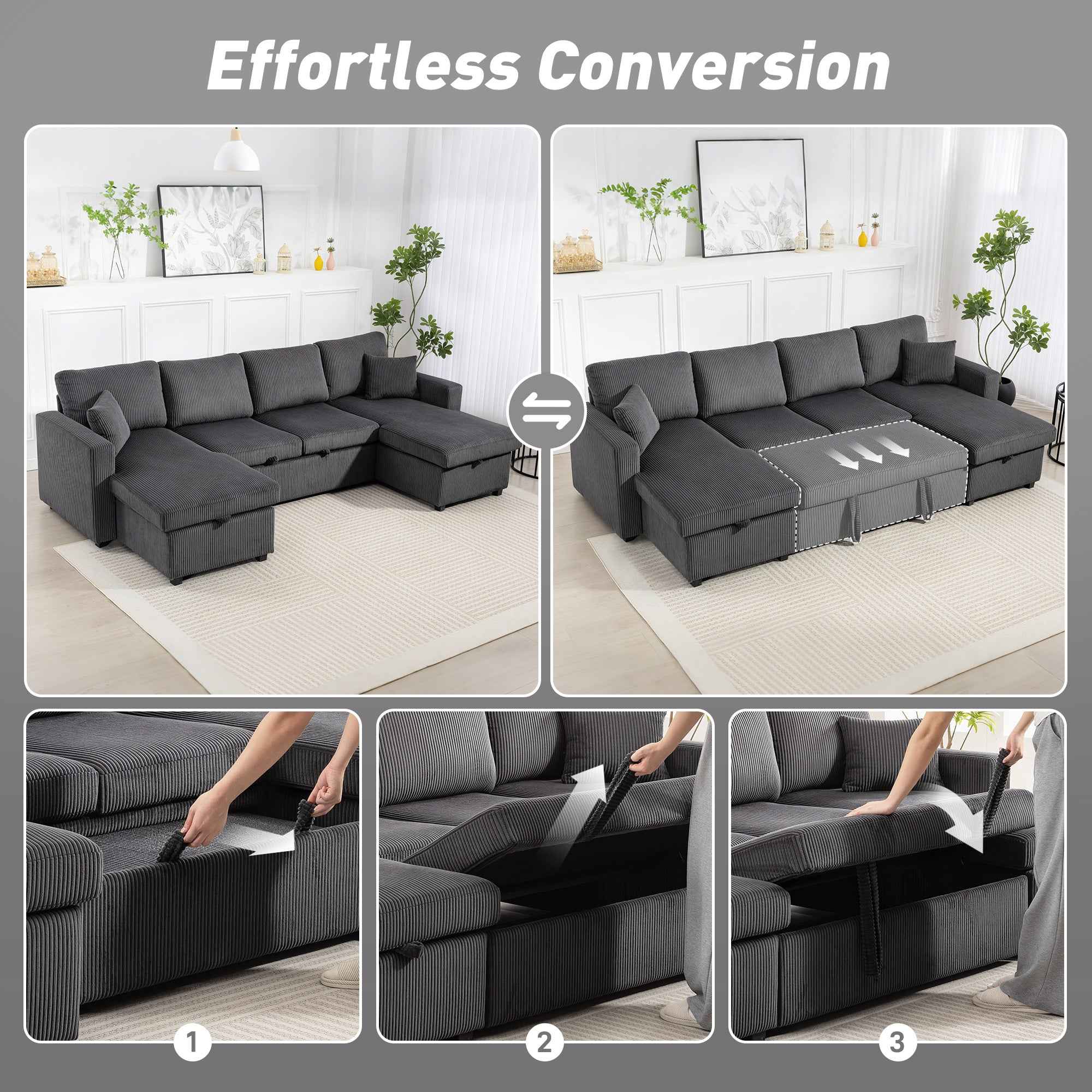 Theo U-Shaped Sleeper Sectional with Storage Chaise-Grey