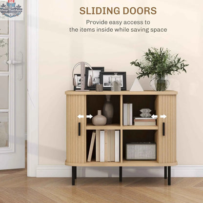 SLOTH Nation Aspen sideboard buffet cabinet with oak finish and slatted tambour doors, 35.4 inches tall, stylish storage for dining room