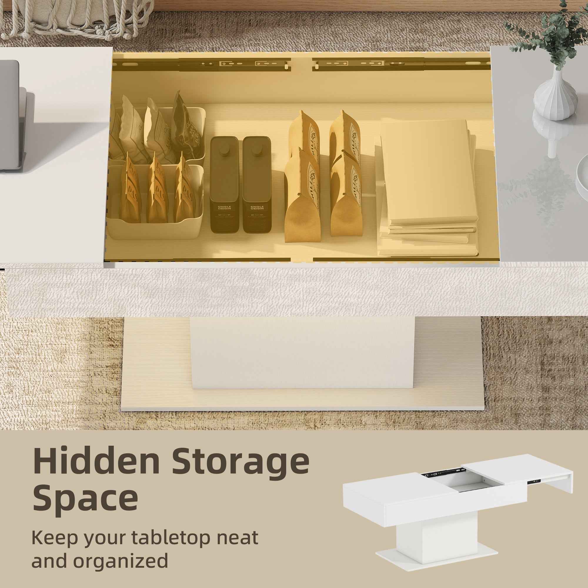 Halston Extendable Coffee Table with LED Lights and Hidden Storage-White