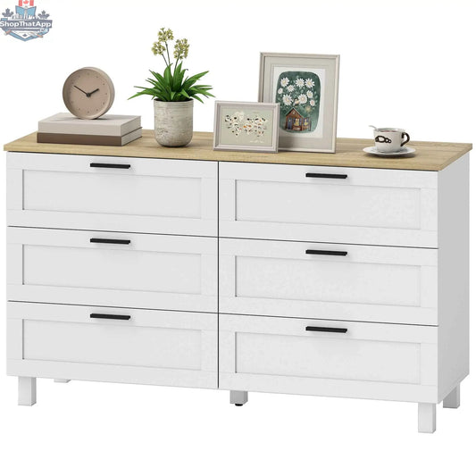 Modern Martha white 47-inch wide dresser with six drawers, ideal for bedroom, living room, or entryway storage.