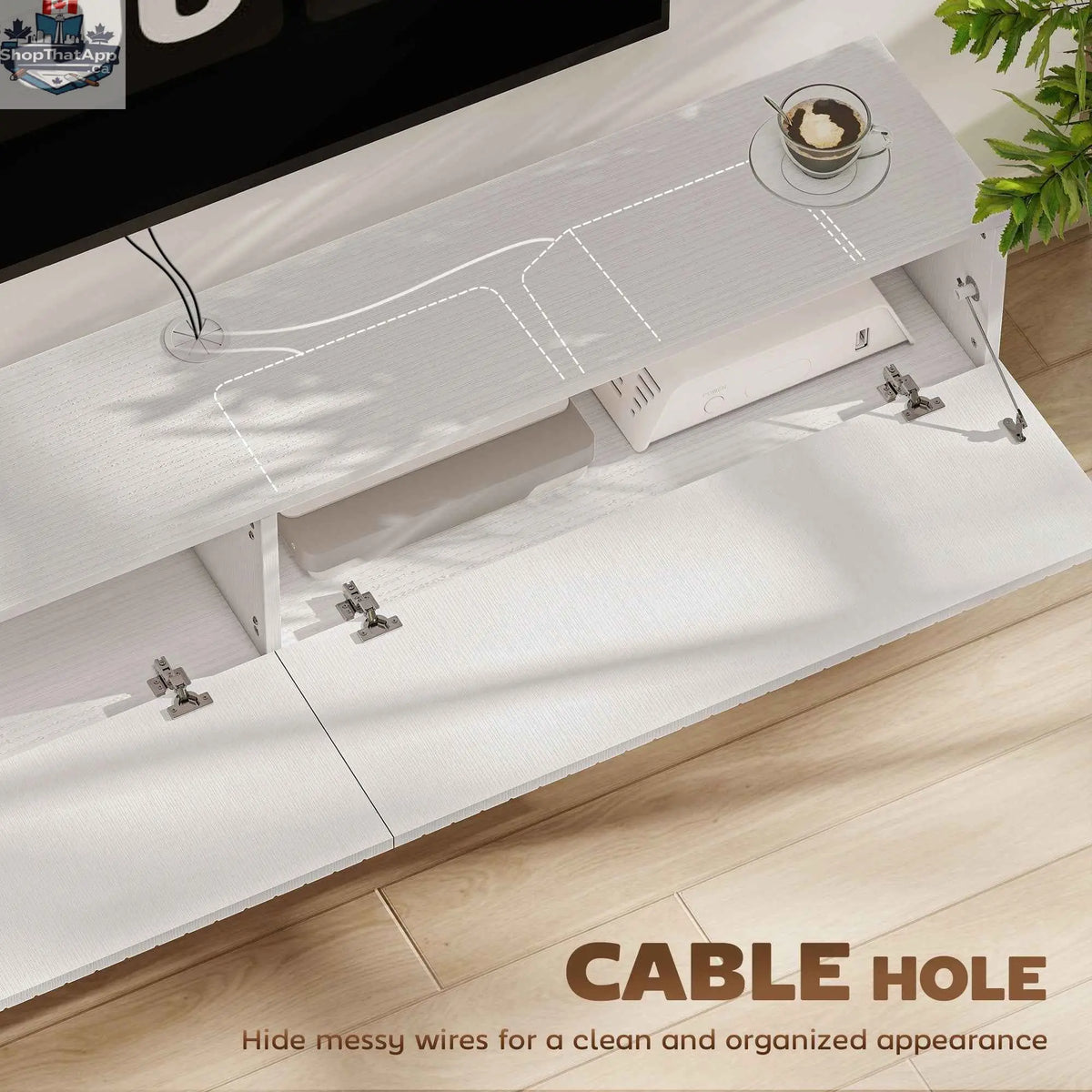 White Jesse floating TV stand with two fluted flip-down doors, designed for 55-inch TVs up to 72 inches, by SLOTH Nation.