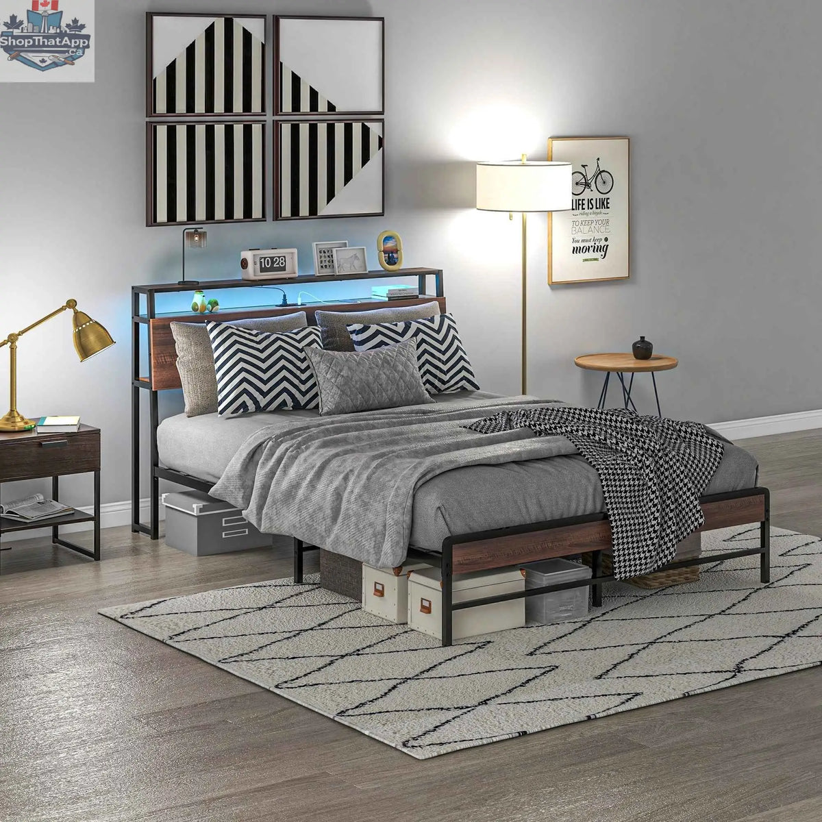 SLOTH Nation Logan queen size bed frame with built-in LED lights, featuring a modern design and sturdy construction.